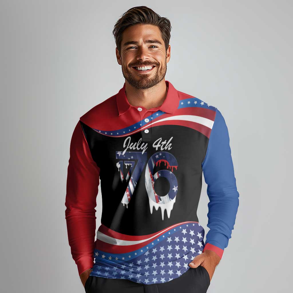 Funny Ice Cream 1776 Drip Personalized Long Sleeve Polo Shirt American Flag 4th Of July