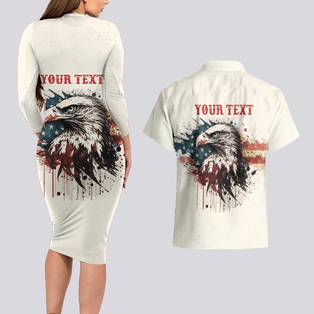 Happy Fourth of July Personalized Couples Matching Long Sleeve Bodycon Dress and Hawaiian Shirt Bald Eagle USA Independence Day