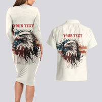 Happy Fourth of July Personalized Couples Matching Long Sleeve Bodycon Dress and Hawaiian Shirt Bald Eagle USA Independence Day