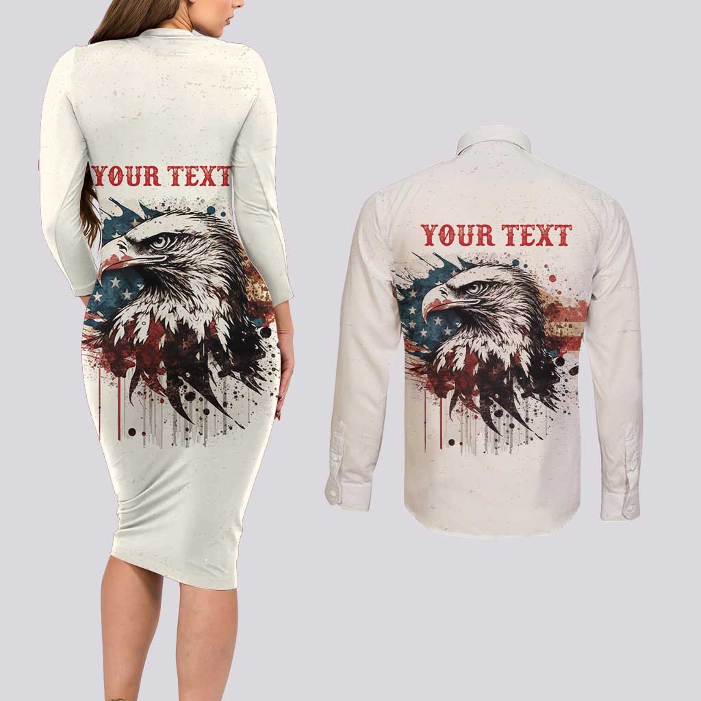 Happy Fourth of July Personalized Couples Matching Long Sleeve Bodycon Dress and Long Sleeve Button Shirt Bald Eagle USA Independence Day