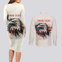 Happy Fourth of July Personalized Couples Matching Long Sleeve Bodycon Dress and Long Sleeve Button Shirt Bald Eagle USA Independence Day