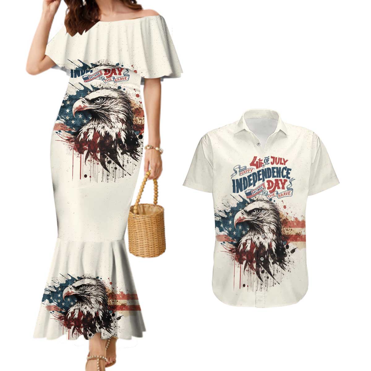 Happy Fourth of July Personalized Couples Matching Mermaid Dress and Hawaiian Shirt Bald Eagle USA Independence Day