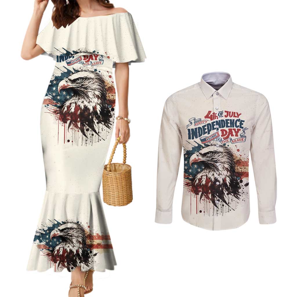 Happy Fourth of July Personalized Couples Matching Mermaid Dress and Long Sleeve Button Shirt Bald Eagle USA Independence Day
