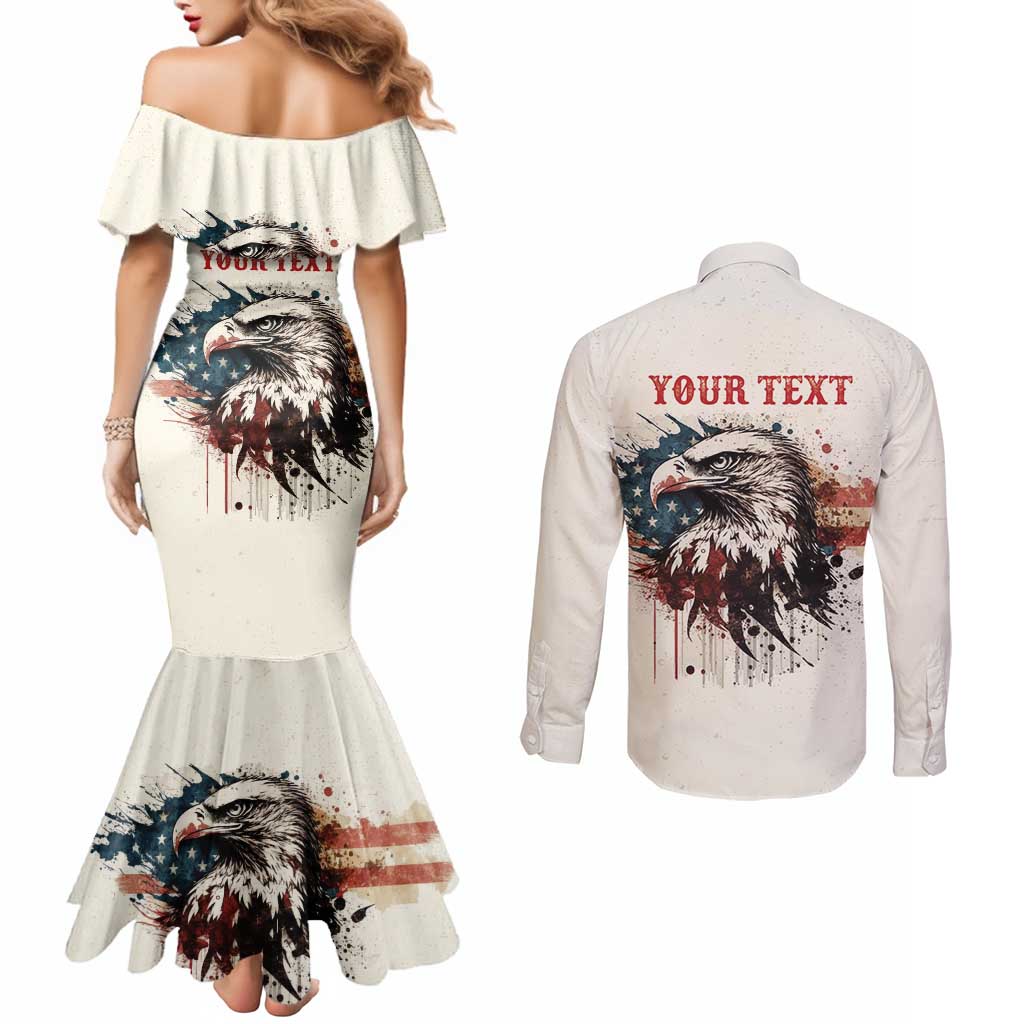 Happy Fourth of July Personalized Couples Matching Mermaid Dress and Long Sleeve Button Shirt Bald Eagle USA Independence Day