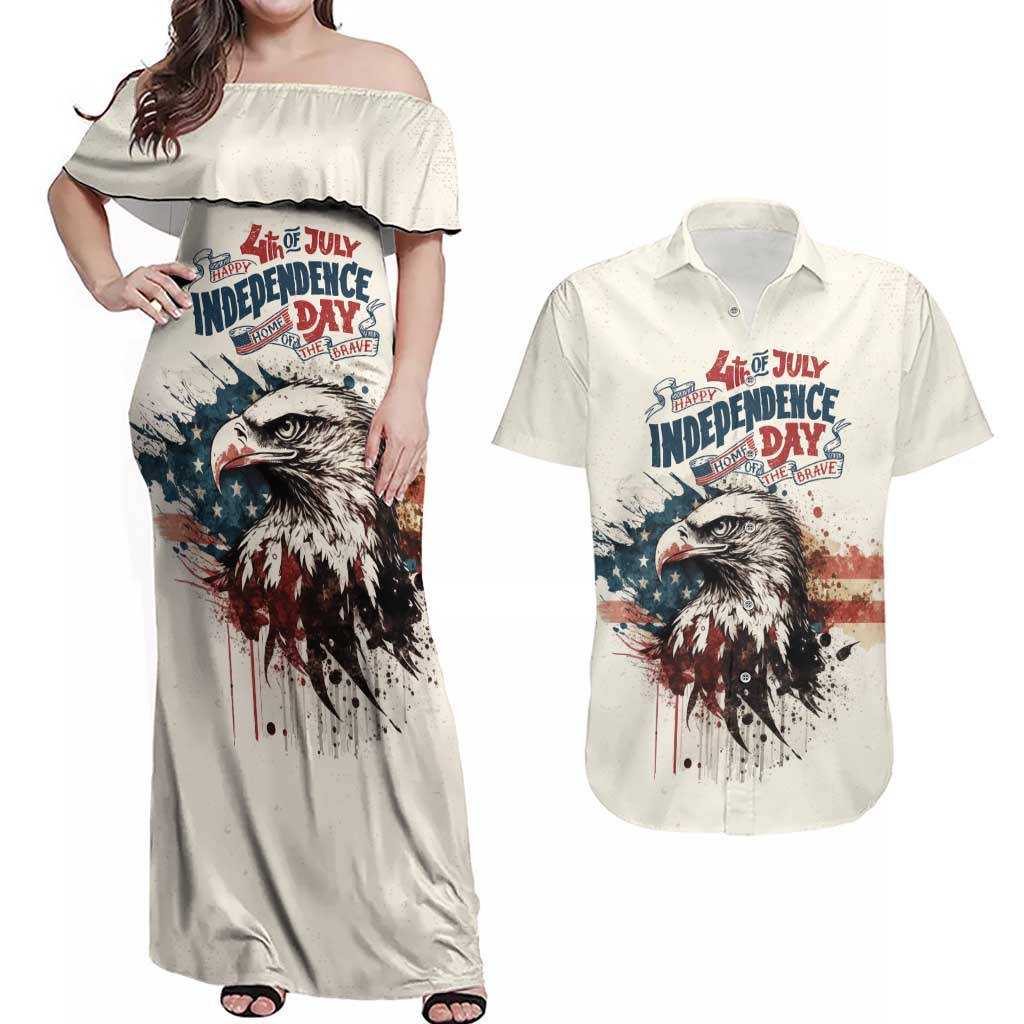 Happy Fourth of July Personalized Couples Matching Off Shoulder Maxi Dress and Hawaiian Shirt Bald Eagle USA Independence Day