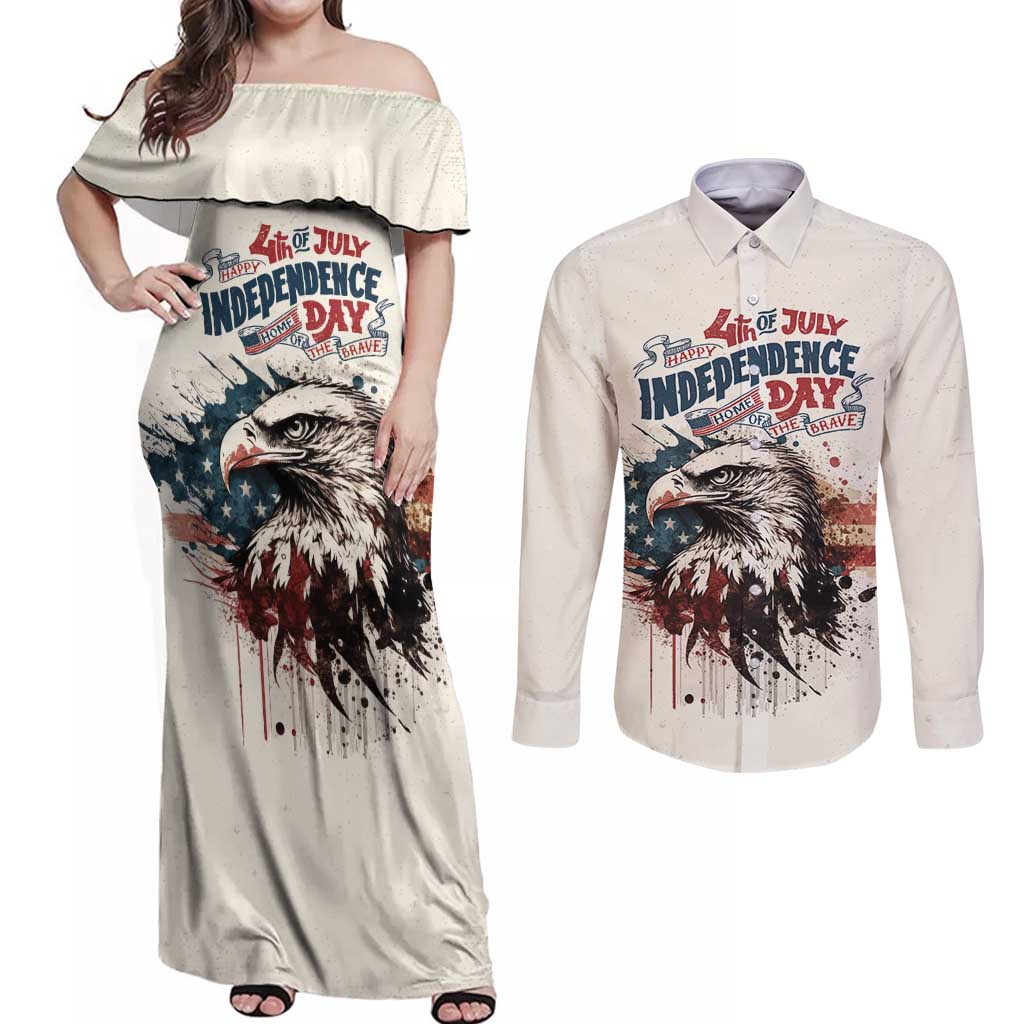 Happy Fourth of July Personalized Couples Matching Off Shoulder Maxi Dress and Long Sleeve Button Shirt Bald Eagle USA Independence Day