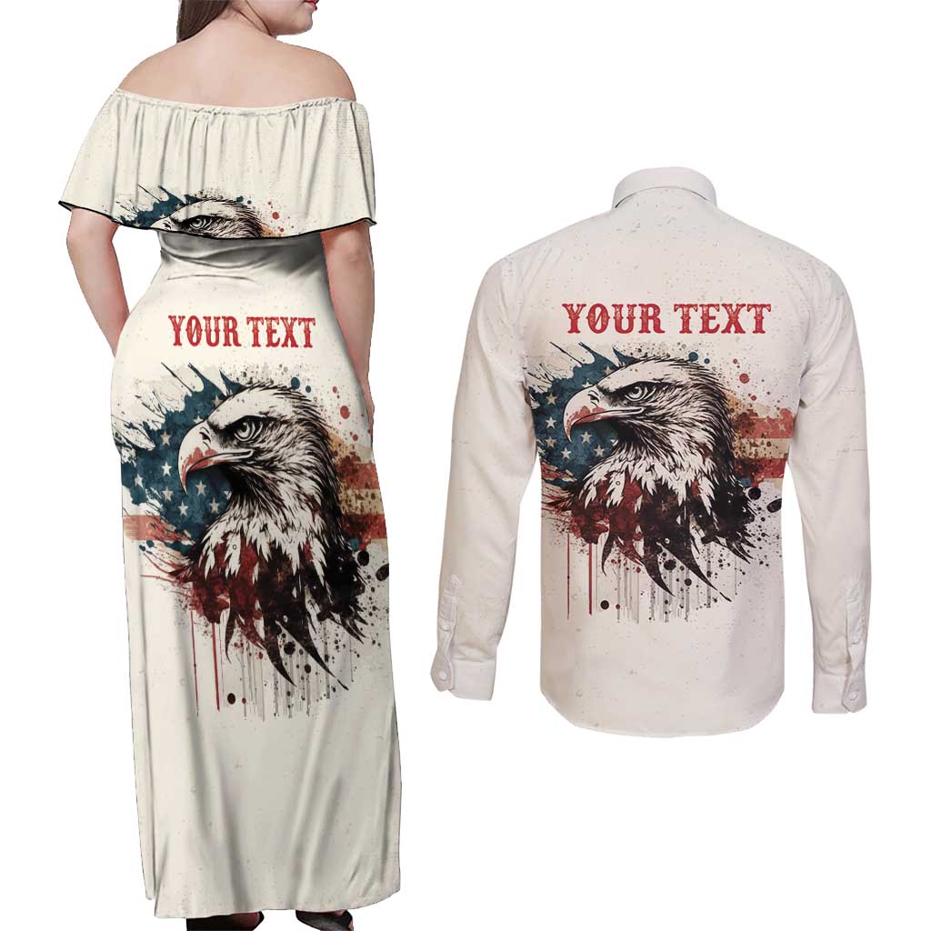 Happy Fourth of July Personalized Couples Matching Off Shoulder Maxi Dress and Long Sleeve Button Shirt Bald Eagle USA Independence Day