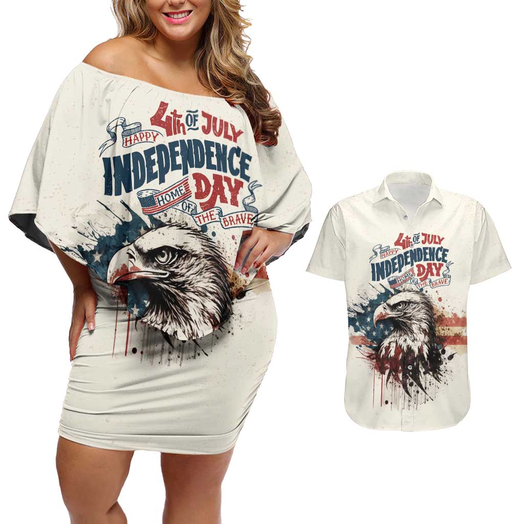 Happy Fourth of July Personalized Couples Matching Off Shoulder Short Dress and Hawaiian Shirt Bald Eagle USA Independence Day