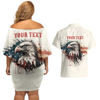 Happy Fourth of July Personalized Couples Matching Off Shoulder Short Dress and Hawaiian Shirt Bald Eagle USA Independence Day