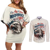 Happy Fourth of July Personalized Couples Matching Off Shoulder Short Dress and Long Sleeve Button Shirt Bald Eagle USA Independence Day