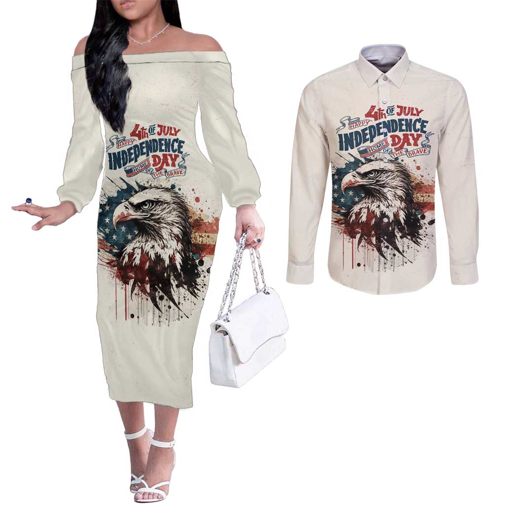 Happy Fourth of July Personalized Couples Matching Off The Shoulder Long Sleeve Dress and Long Sleeve Button Shirt Bald Eagle USA Independence Day