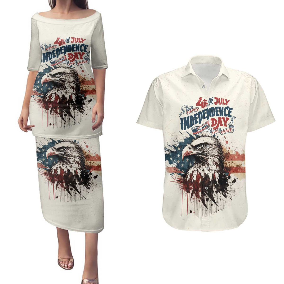 Happy Fourth of July Personalized Couples Matching Puletasi and Hawaiian Shirt Bald Eagle USA Independence Day