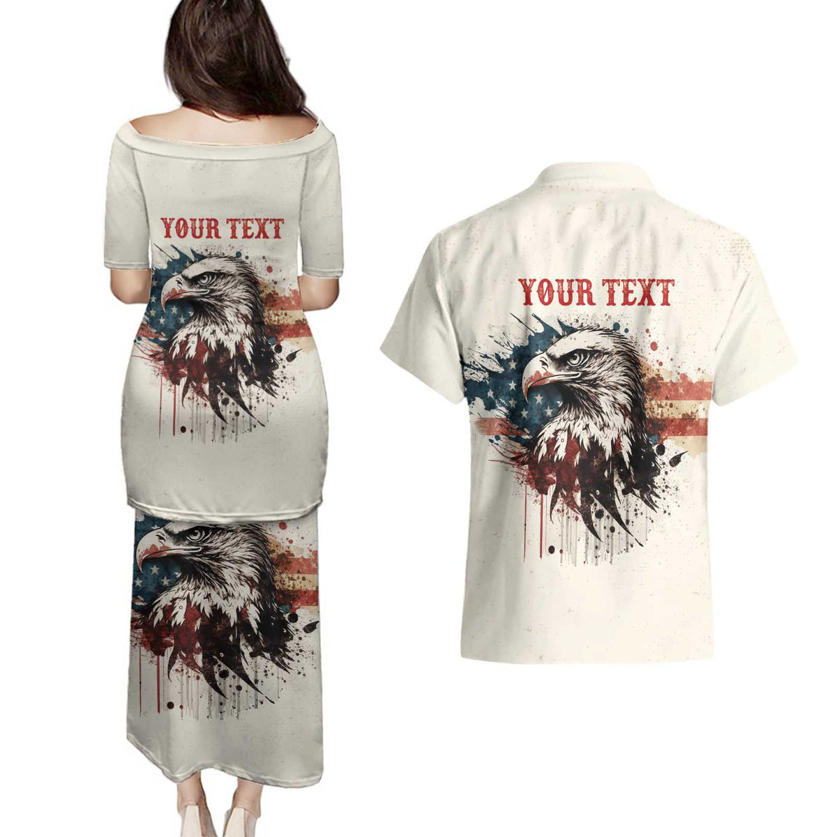 Happy Fourth of July Personalized Couples Matching Puletasi and Hawaiian Shirt Bald Eagle USA Independence Day