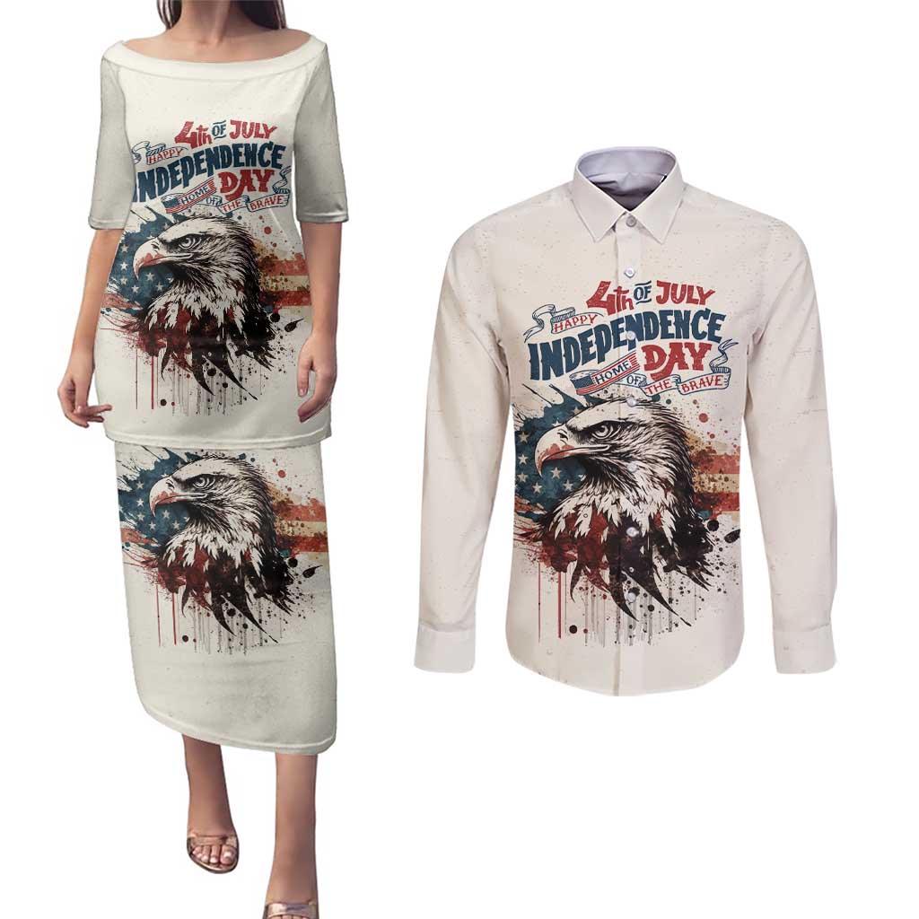 Happy Fourth of July Personalized Couples Matching Puletasi and Long Sleeve Button Shirt Bald Eagle USA Independence Day