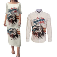 Happy Fourth of July Personalized Couples Matching Puletasi and Long Sleeve Button Shirt Bald Eagle USA Independence Day
