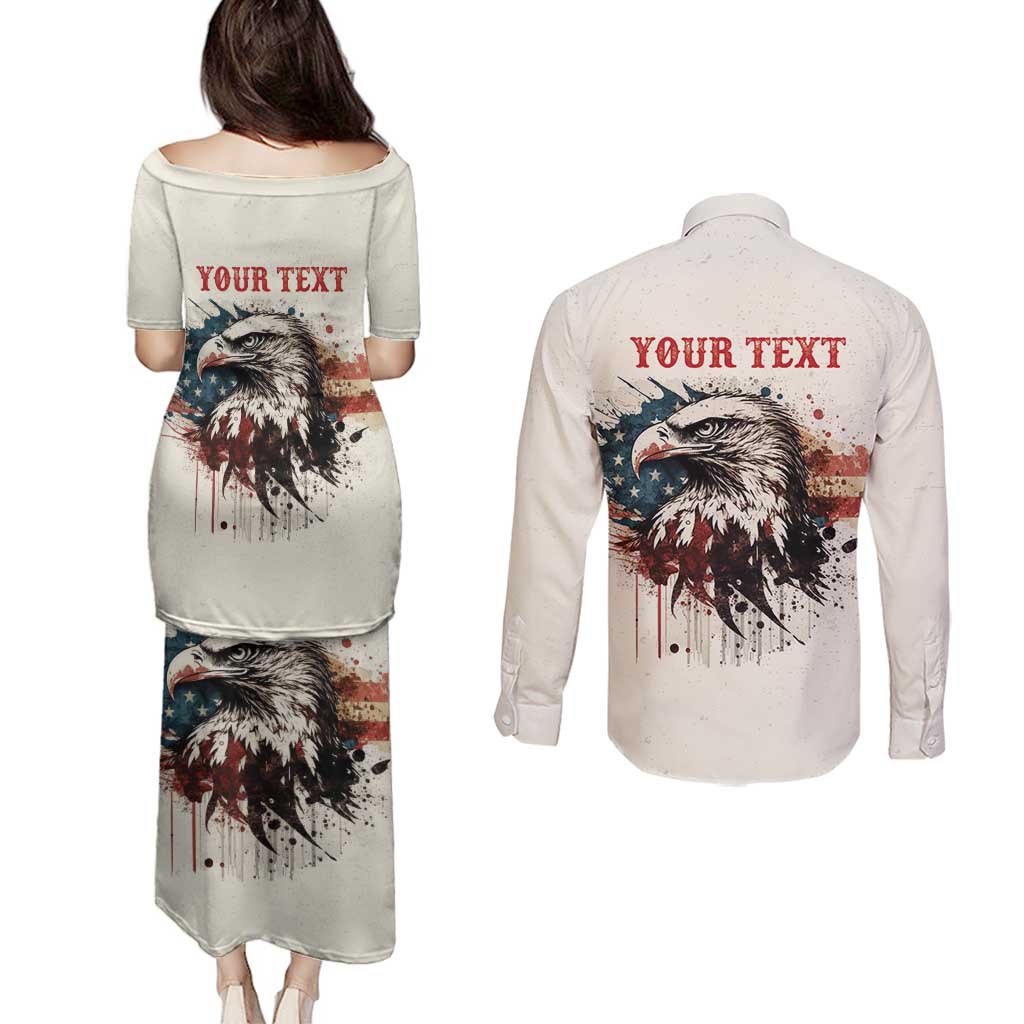 Happy Fourth of July Personalized Couples Matching Puletasi and Long Sleeve Button Shirt Bald Eagle USA Independence Day