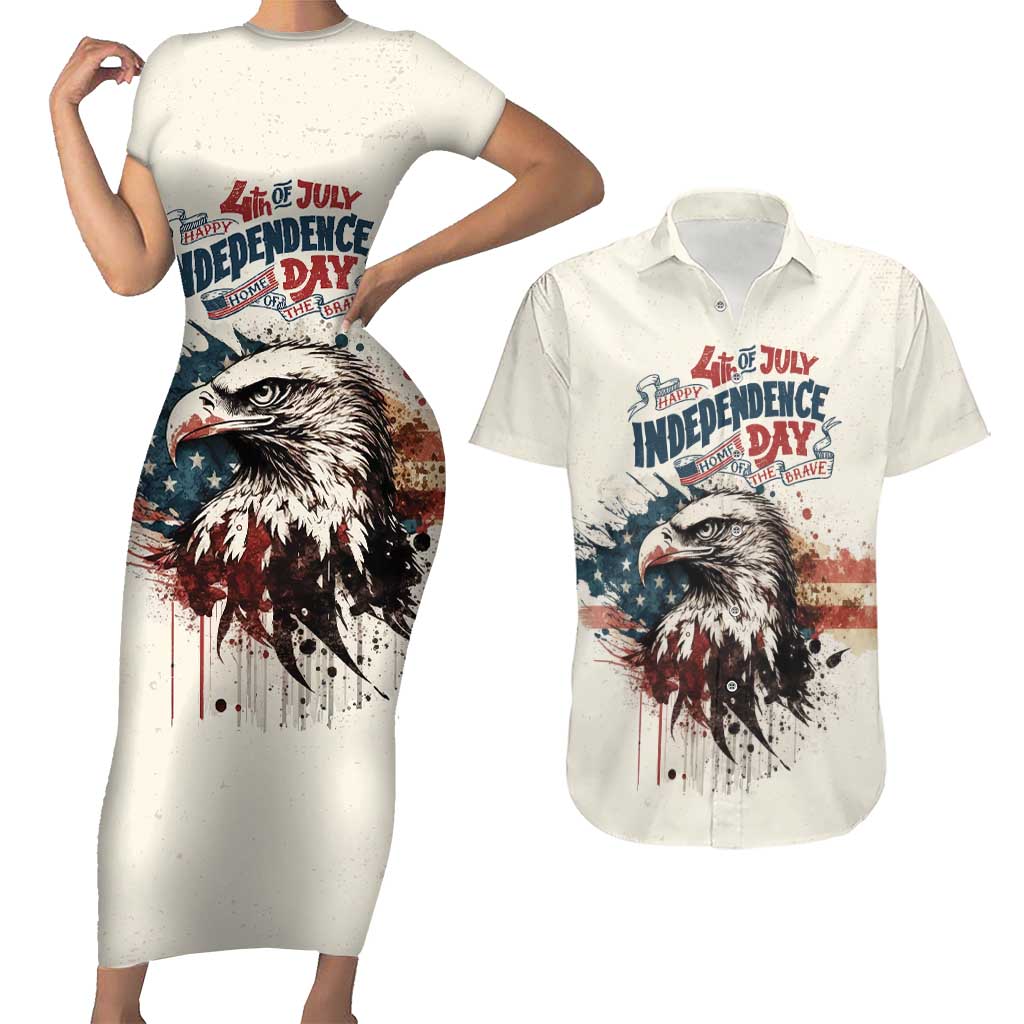Happy Fourth of July Personalized Couples Matching Short Sleeve Bodycon Dress and Hawaiian Shirt Bald Eagle USA Independence Day