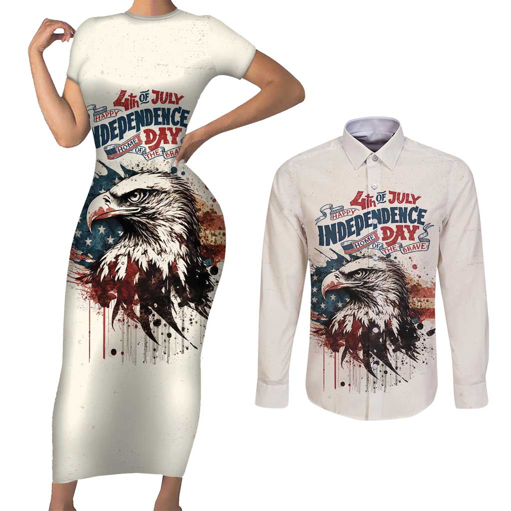 Happy Fourth of July Personalized Couples Matching Short Sleeve Bodycon Dress and Long Sleeve Button Shirt Bald Eagle USA Independence Day