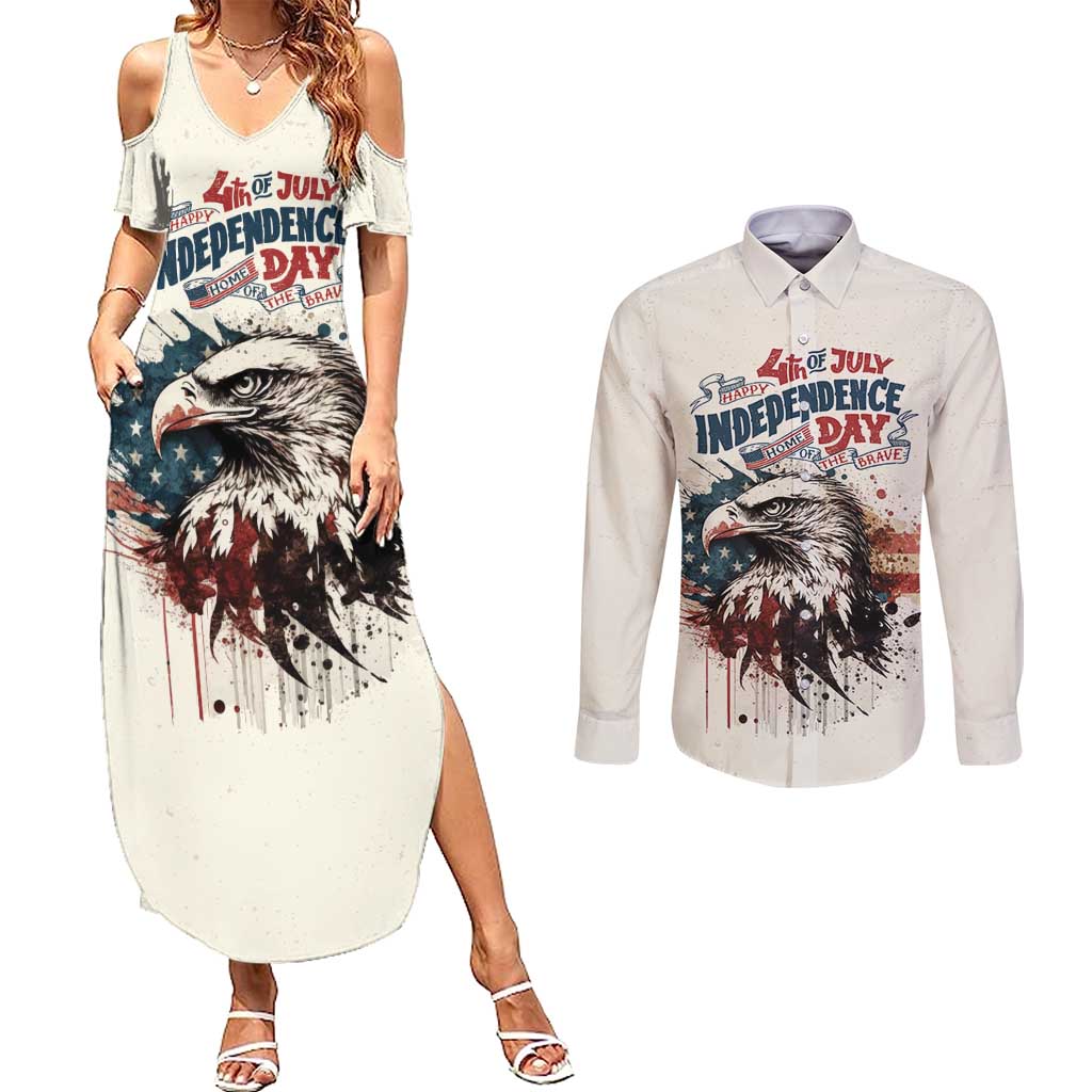 Happy Fourth of July Personalized Couples Matching Summer Maxi Dress and Long Sleeve Button Shirt Bald Eagle USA Independence Day