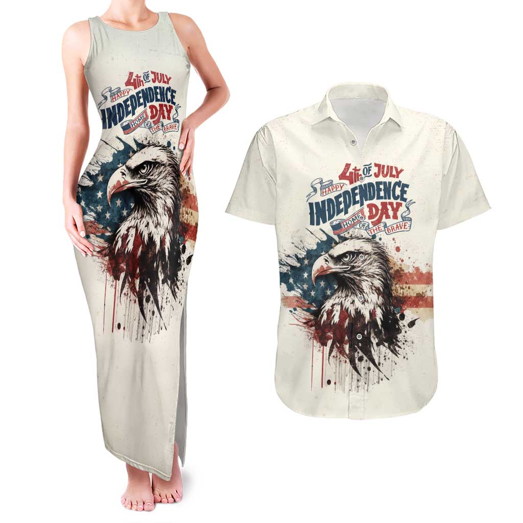 Happy Fourth of July Personalized Couples Matching Tank Maxi Dress and Hawaiian Shirt Bald Eagle USA Independence Day