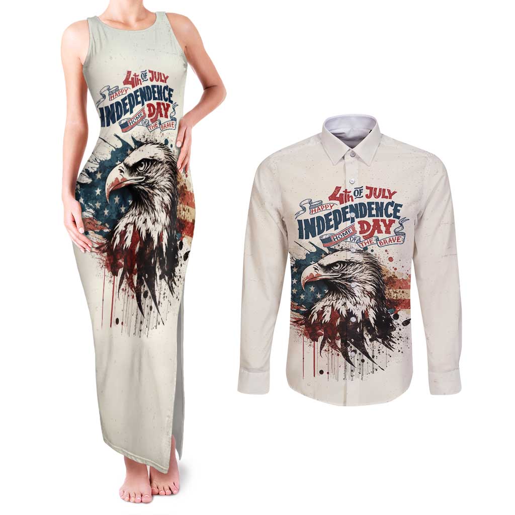Happy Fourth of July Personalized Couples Matching Tank Maxi Dress and Long Sleeve Button Shirt Bald Eagle USA Independence Day
