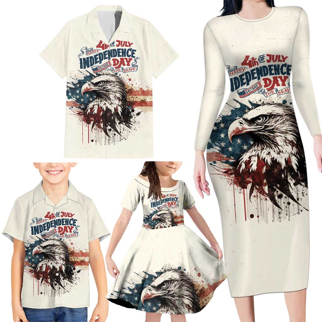 Happy Fourth of July Personalized Family Matching Long Sleeve Bodycon Dress and Hawaiian Shirt Bald Eagle USA Independence Day