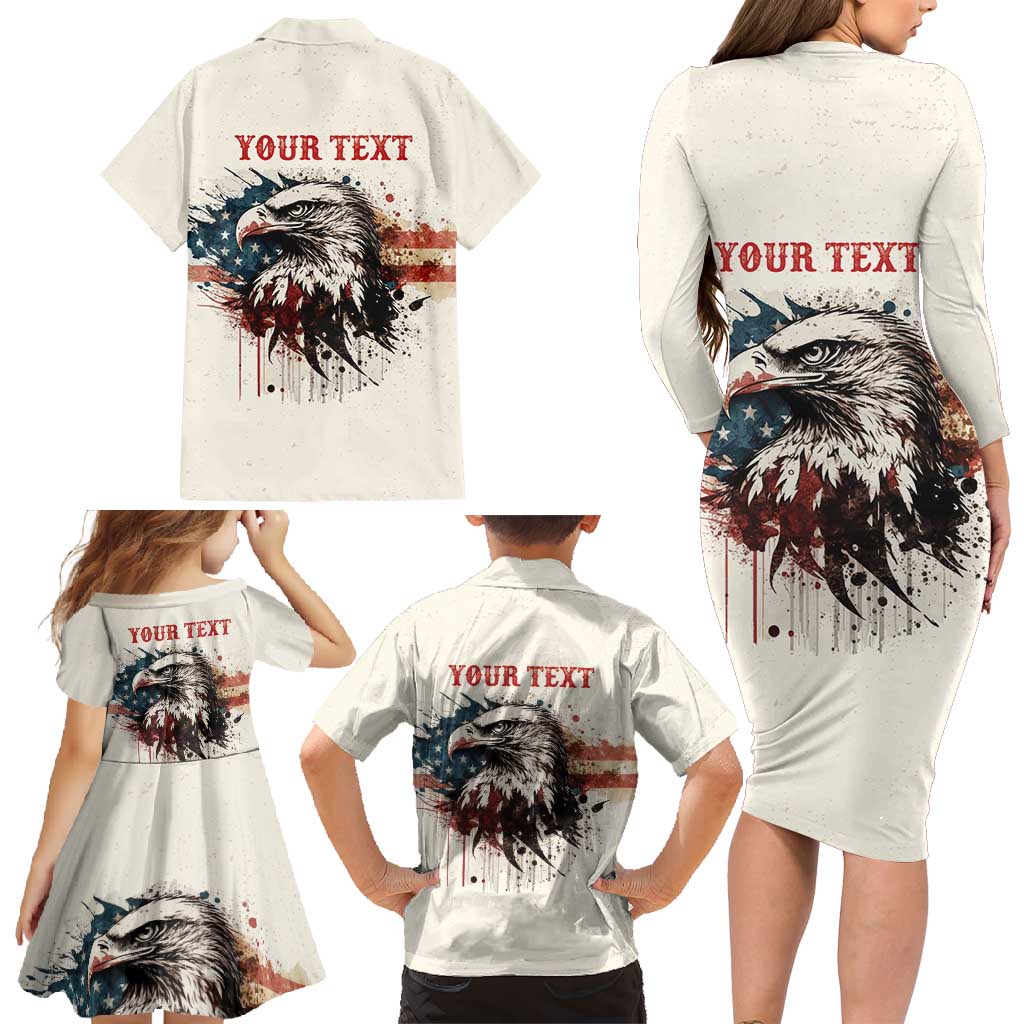 Happy Fourth of July Personalized Family Matching Long Sleeve Bodycon Dress and Hawaiian Shirt Bald Eagle USA Independence Day