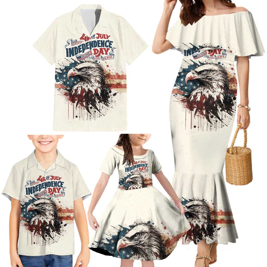 Happy Fourth of July Personalized Family Matching Mermaid Dress and Hawaiian Shirt Bald Eagle USA Independence Day