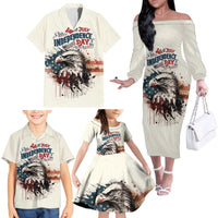 Happy Fourth of July Personalized Family Matching Off The Shoulder Long Sleeve Dress and Hawaiian Shirt Bald Eagle USA Independence Day