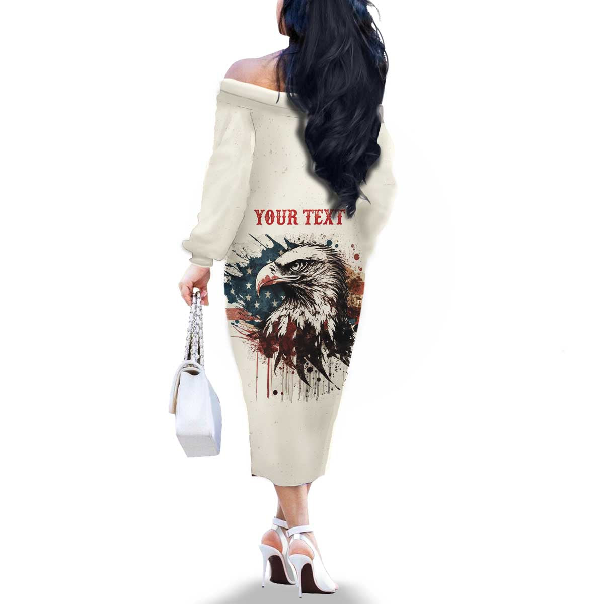 Happy Fourth of July Personalized Family Matching Off The Shoulder Long Sleeve Dress and Hawaiian Shirt Bald Eagle USA Independence Day