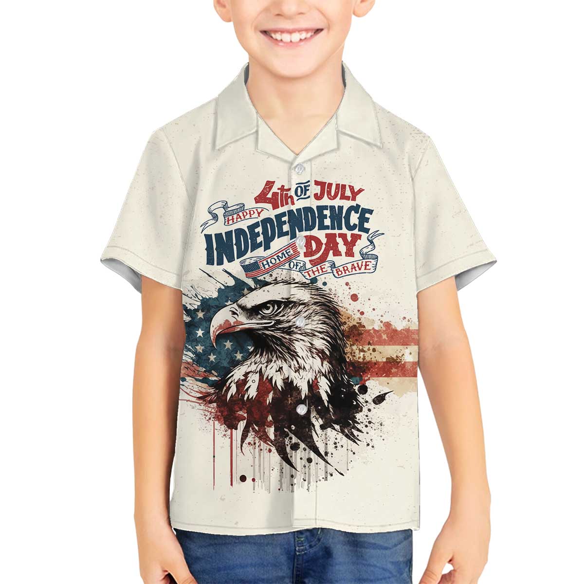 Happy Fourth of July Personalized Family Matching Off The Shoulder Long Sleeve Dress and Hawaiian Shirt Bald Eagle USA Independence Day