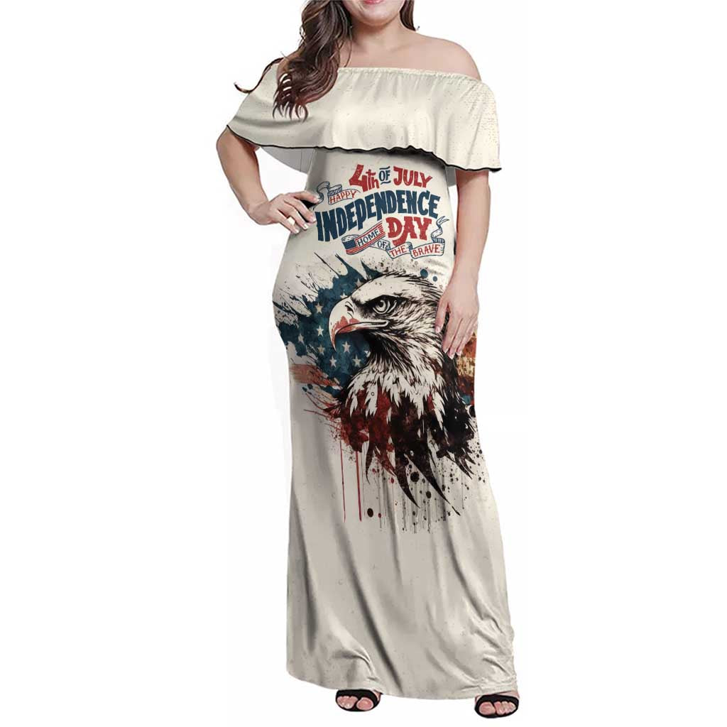 Happy Fourth of July Personalized Family Matching Off Shoulder Maxi Dress and Hawaiian Shirt Bald Eagle USA Independence Day