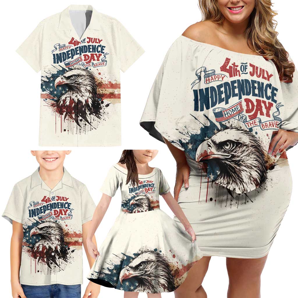 Happy Fourth of July Personalized Family Matching Off Shoulder Short Dress and Hawaiian Shirt Bald Eagle USA Independence Day