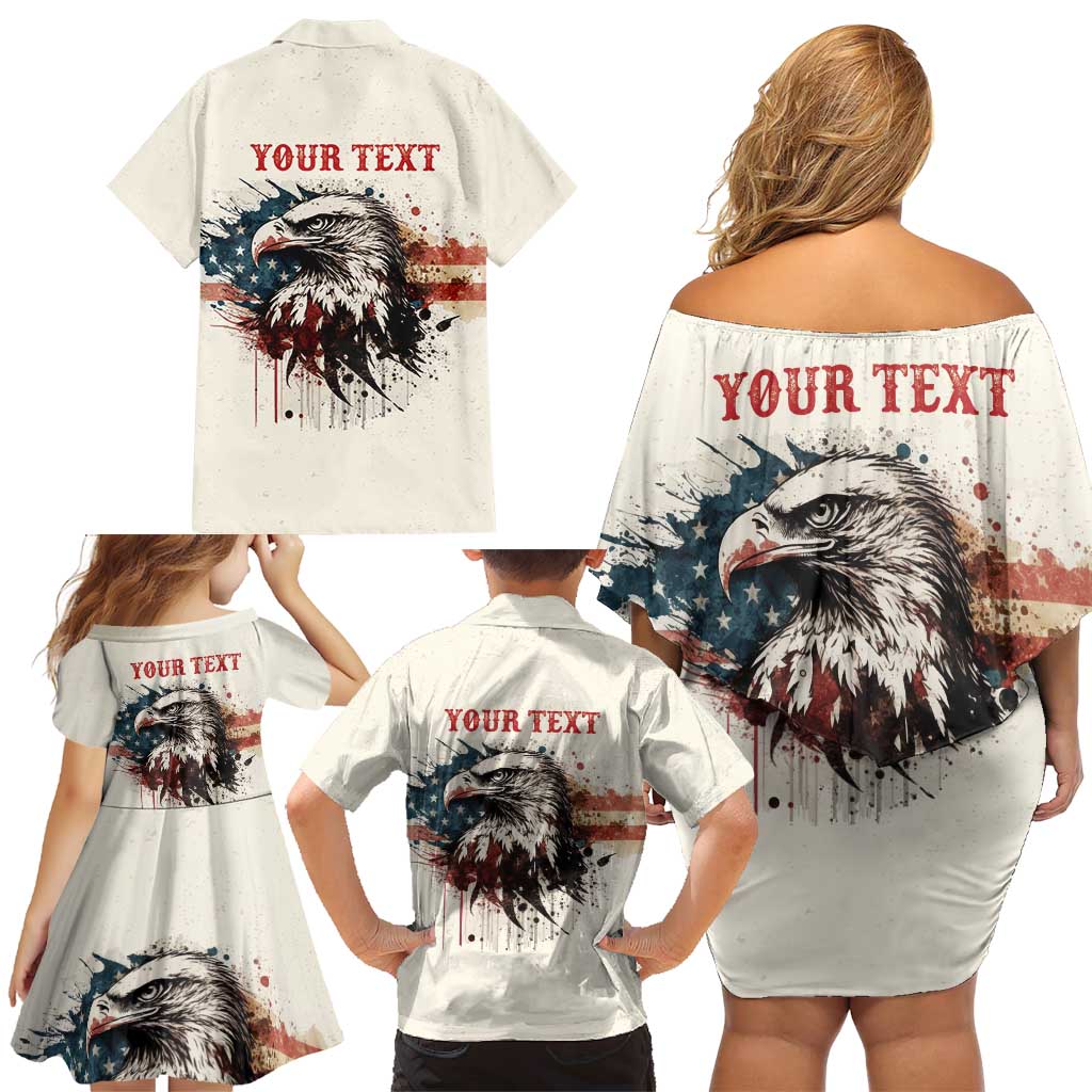 Happy Fourth of July Personalized Family Matching Off Shoulder Short Dress and Hawaiian Shirt Bald Eagle USA Independence Day