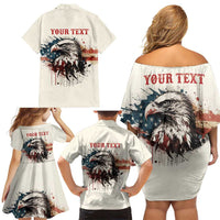 Happy Fourth of July Personalized Family Matching Off Shoulder Short Dress and Hawaiian Shirt Bald Eagle USA Independence Day