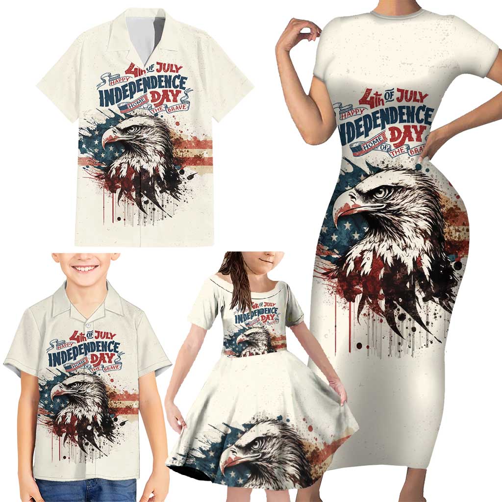 Happy Fourth of July Personalized Family Matching Short Sleeve Bodycon Dress and Hawaiian Shirt Bald Eagle USA Independence Day