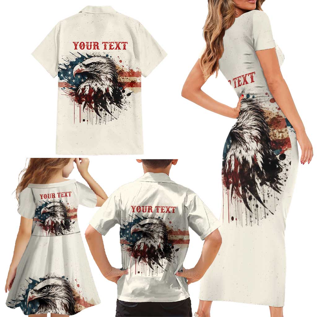 Happy Fourth of July Personalized Family Matching Short Sleeve Bodycon Dress and Hawaiian Shirt Bald Eagle USA Independence Day