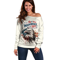 Happy Fourth of July Personalized Off Shoulder Sweater Bald Eagle USA Independence Day