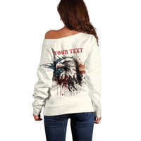Happy Fourth of July Personalized Off Shoulder Sweater Bald Eagle USA Independence Day