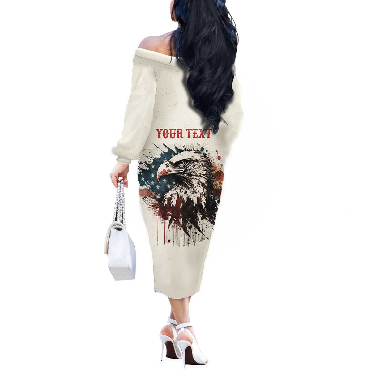 Happy Fourth of July Personalized Off The Shoulder Long Sleeve Dress Bald Eagle USA Independence Day