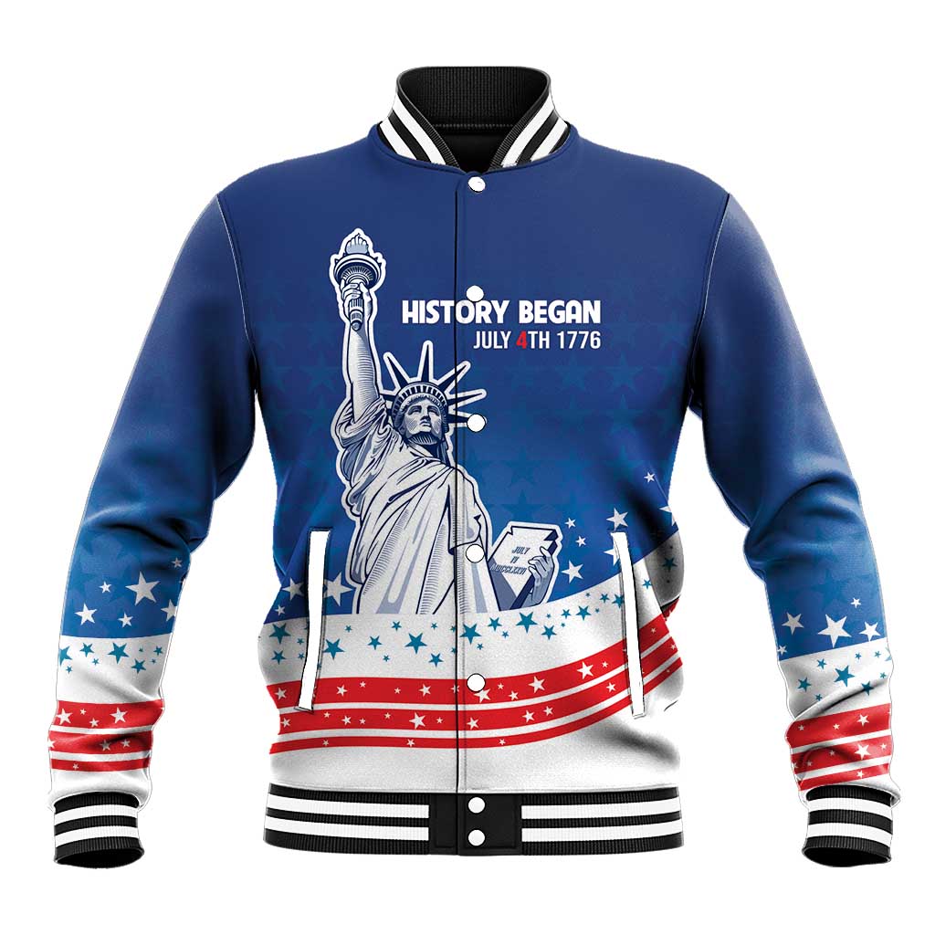 History Began 4th of July Personalized Baseball Jacket Statue of Liberty US Flag