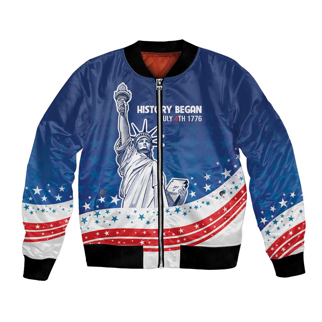 History Began 4th of July Personalized Bomber Jacket Statue of Liberty US Flag