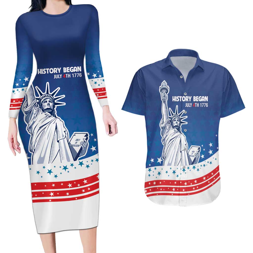 History Began 4th of July Personalized Couples Matching Long Sleeve Bodycon Dress and Hawaiian Shirt Statue of Liberty US Flag