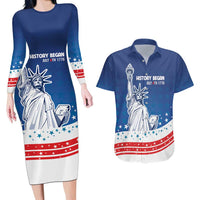 History Began 4th of July Personalized Couples Matching Long Sleeve Bodycon Dress and Hawaiian Shirt Statue of Liberty US Flag