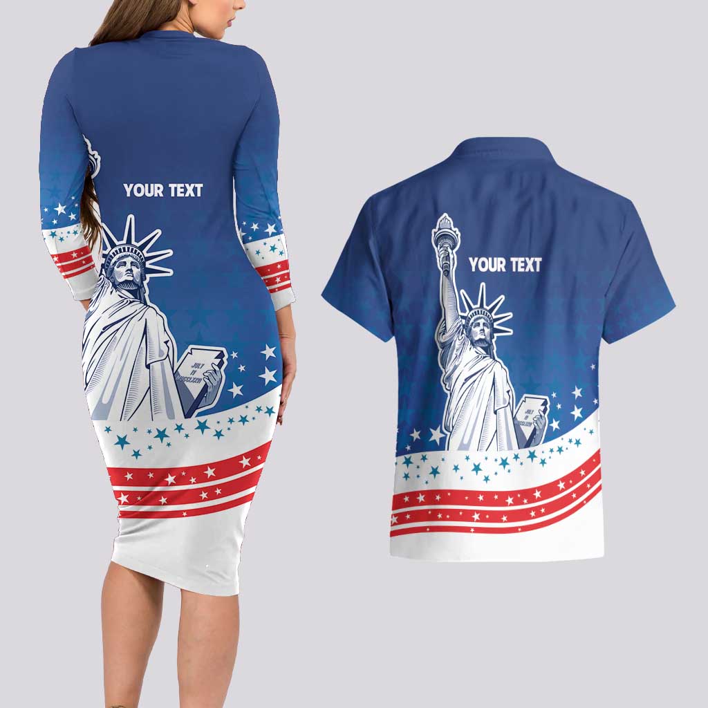 History Began 4th of July Personalized Couples Matching Long Sleeve Bodycon Dress and Hawaiian Shirt Statue of Liberty US Flag