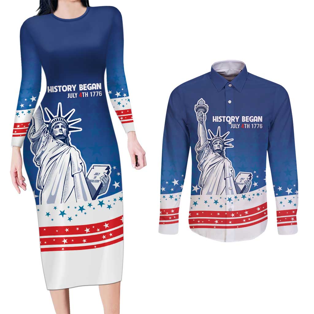 History Began 4th of July Personalized Couples Matching Long Sleeve Bodycon Dress and Long Sleeve Button Shirt Statue of Liberty US Flag
