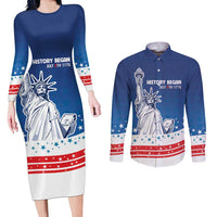 History Began 4th of July Personalized Couples Matching Long Sleeve Bodycon Dress and Long Sleeve Button Shirt Statue of Liberty US Flag