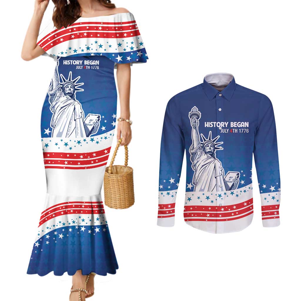 History Began 4th of July Personalized Couples Matching Mermaid Dress and Long Sleeve Button Shirt Statue of Liberty US Flag
