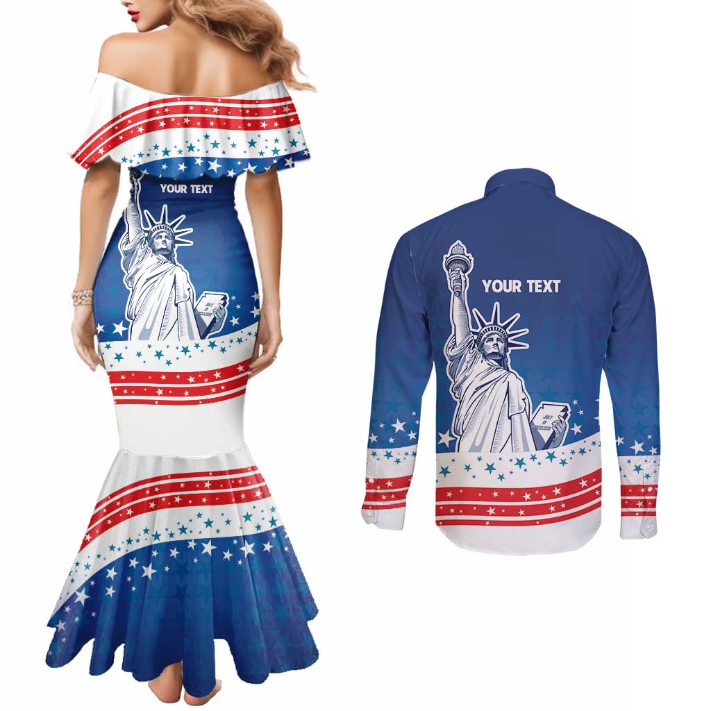History Began 4th of July Personalized Couples Matching Mermaid Dress and Long Sleeve Button Shirt Statue of Liberty US Flag
