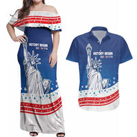 History Began 4th of July Personalized Couples Matching Off Shoulder Maxi Dress and Hawaiian Shirt Statue of Liberty US Flag